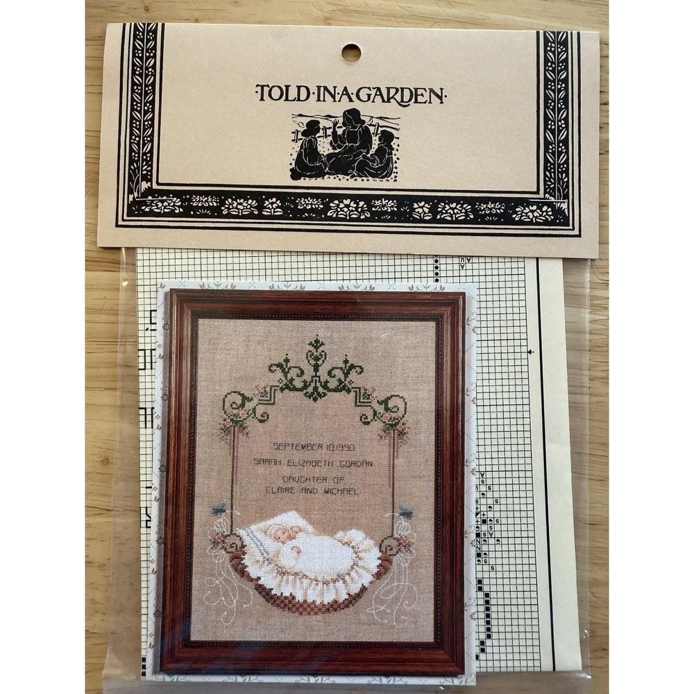 BABY IN A BASKET Told In a Garden cross stitch‎ Pattern Marilyn Leavitt-Imblum